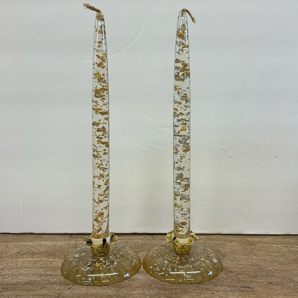 ViNtAgE Hempstead Originals Pair Lucite Candles / Holders • Gold & Silver Fleck